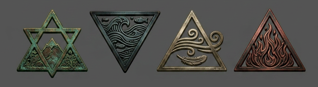 Stone board featuring four metallic elemental symbols glowing in red, yellow, blue, and green with alchemy tools and books in background