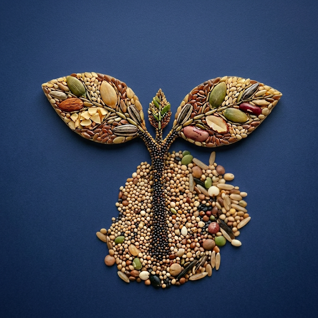 Sprout with leaves composed of various seeds growing from soil