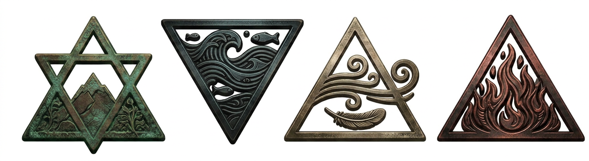 Ancient alchemy elemental symbols board Stone board featuring four metallic elemental symbols glowing in red, yellow, blue, and green with alchemy tools and books in background